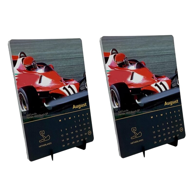 Calendario de coche de carreras, decoración para ventilador de coche con imágenes de coche de carreras, calendario de escritorio, 2 piezas, 2024