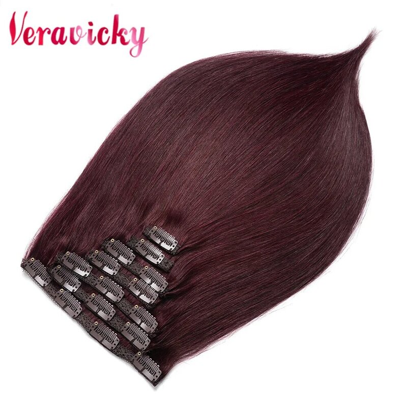 Veravicky-Pinzas de extensión de cabello Natural suave para mujer, cabello 100% humano de doble trama, cabeza completa, Color borgoña 99J, 16 "-22"
