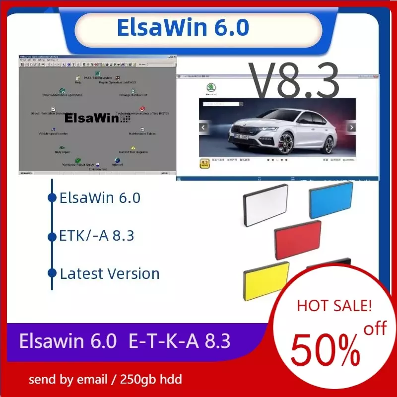 Software de reparación de automóviles ELSAWIN 2024 E T/ K 8,3, nuevo para a-udi para V-W, catálogo de piezas electrónicas de vehículos, hdd de 6,0 gb, oferta de 250