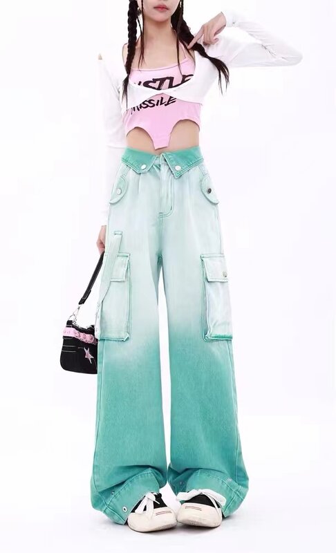 Dopamine Plus-size American Spice Girl Flanging Work Jeans Women Autumn Design Sense Multi-pocket Loose Wide Leg Straight Pants