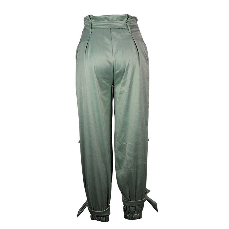 Harajuku Pleated High Waist Trousers Spring Summer Fashion Street Bandage Light Green Womens Pencil Nine Points Pants Plus Size