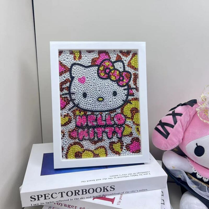لوحة ماسية يدوية الصنع من القط كيتي ، ملصق ماسي ذاتي الصنع ، مليء بالماس الكريستالي مع إطار ، هدية عيد ميلاد