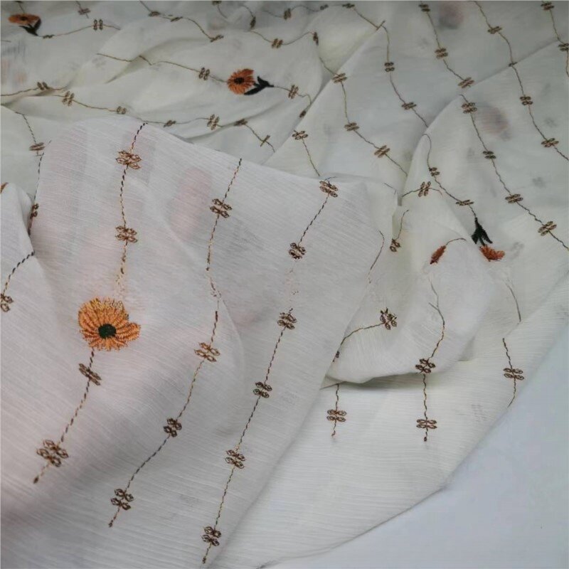Embroidered Little Daisy Striped Chiffon Wrinkled Fabric Diy Hand-Made Sewing Polyester Fashion