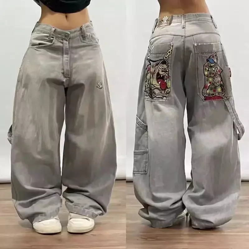New American Harajuku Retro Y2K Oversized Loose Jeans Antarctic Fashion Wing Pattern New Gothic High Waisted Wide Leg Pants