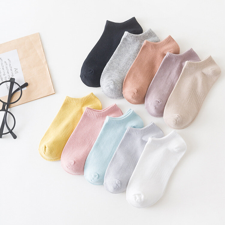 Calcetines tobilleros finos de Color liso para mujer, 5 pares, 1 lote, conjunto de algodón de tubo bajo, estilo kawaii