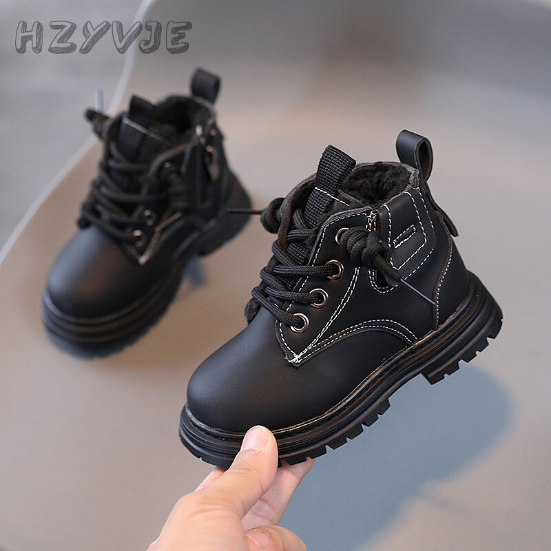 New Children's Fashion Boots Winter Thickened Boys Girls' Anti Slip Warm Leather Boots Side Zipper Solid Color Kids Casual Shoes