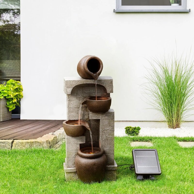 Teamson Home 28.5 "ciotole a cascata a 4 livelli ad energia solare e pietre impilate fontana da giardino con luci a LED, marrone