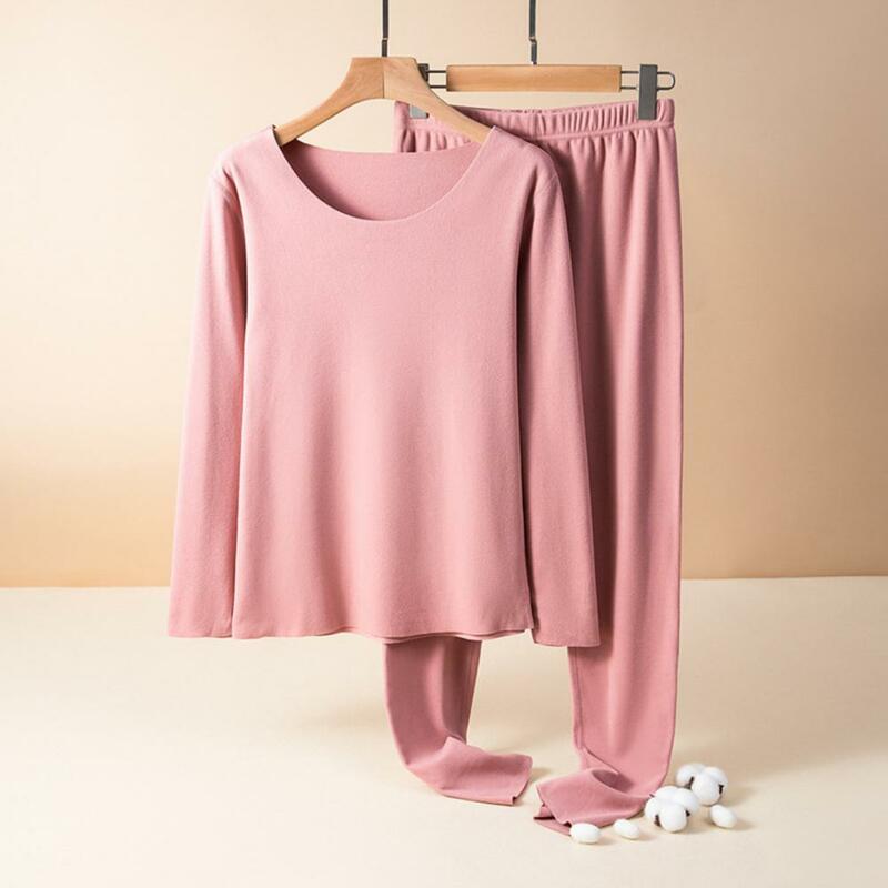 Solid Color Thermal Top Cozy Winter Pajama Set with High Elasticity Soft Warm Top Pants Suit for Women 2 Piece Round Neck Long