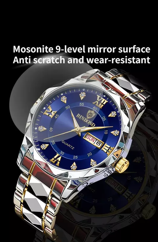 Relógio de pulso quartzo luxo AONEZ masculino, relógio cronógrafo luminoso impermeável, aço inoxidável, homem relógios