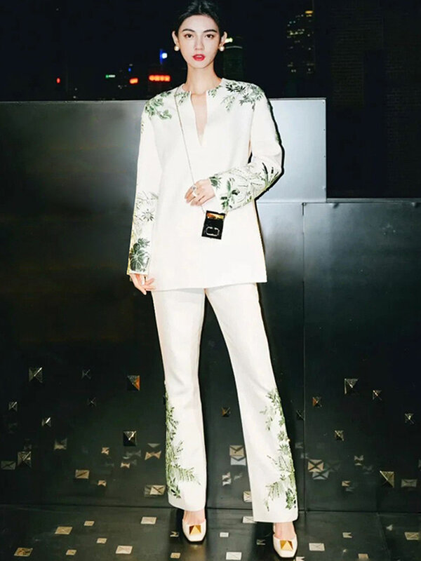 Женский дизайнерский костюм с длинным рукавом, элегантная Свободная блузка с бусинами, топ и расклешенные брюки, 2024
