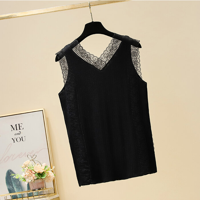 Large Plus Size 3XL 4XL Women Knitted Vest Top 2023 New Summer Lace Patchwork Sweater Tanks & Camis Y2K Sexy  Street Clothing