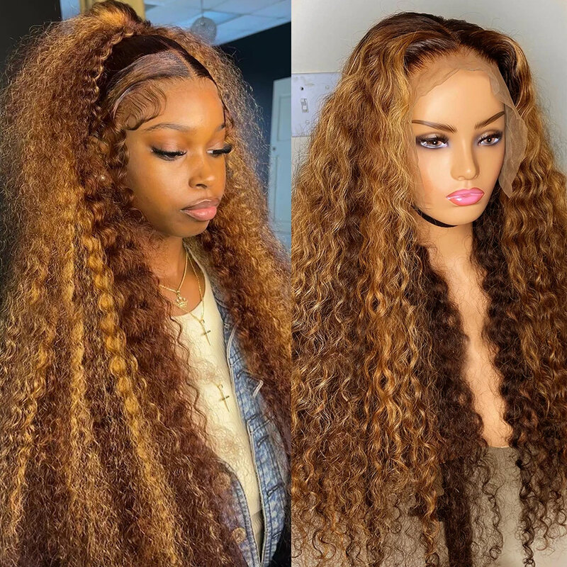 30 32 Inch Highlight Honey Brown Curly Lace Front Human Hair Wigs Brazilian 13x4 Ombre Colored Deep Wave Lace Frontal Wigs Women