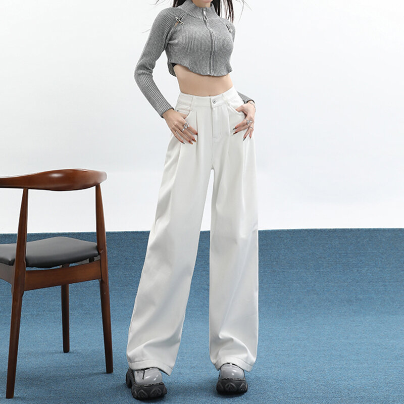 Calça jeans Harajuku de cintura alta feminina, calça jeans, perna larga, monocromática, casual, reta, streetwear, moda feminina
