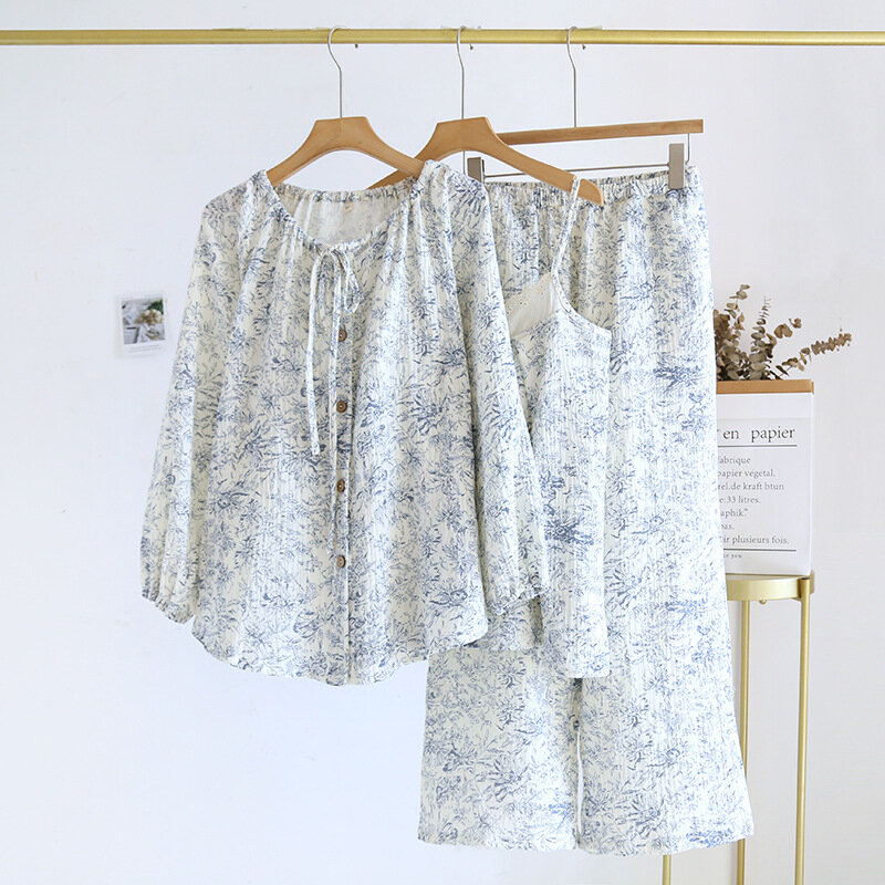 Dreiteiliger Pyjama aus Baumwoll krepp für Frühjahr/Herbst für lang ärmel ige Hosenträger hosen für Damen