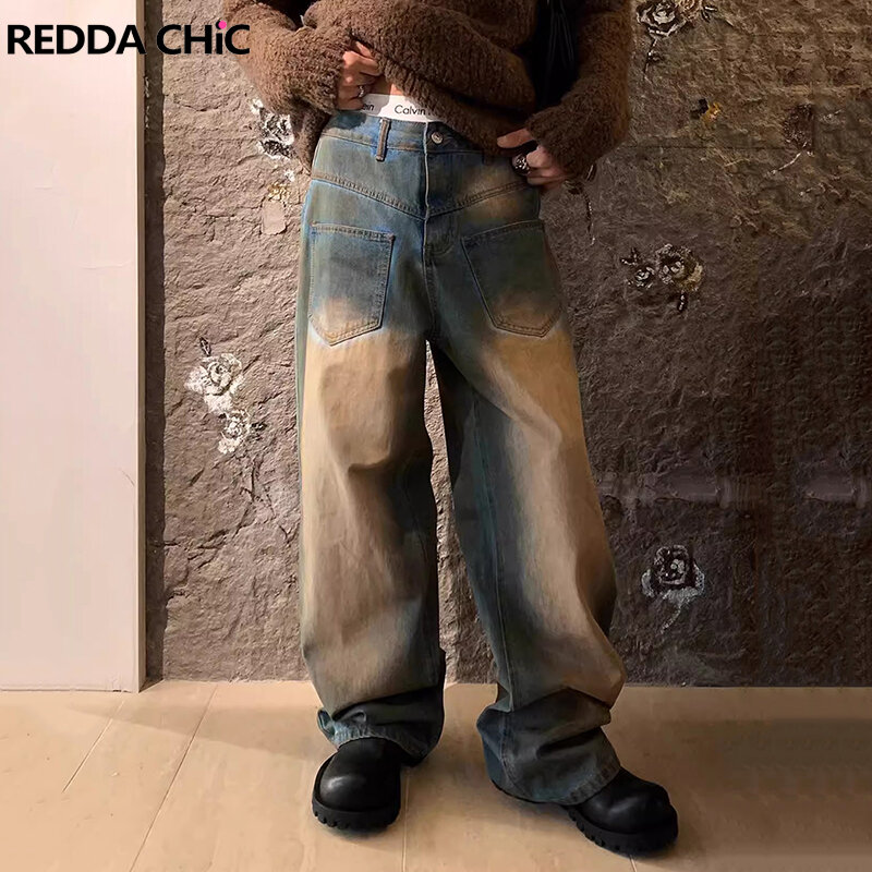 Reddachic 90S Retro Skater Baggy Jeans Mannen Hiphop Vuile Was Distressed Plus Size Rechte Wijde Pijpen Broek Harajuku Streetwear