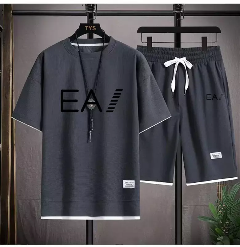 Men's new summer breathable set, round neck short sleeved+two-piece set of 5/4 shorts, with the letters EA1 printed