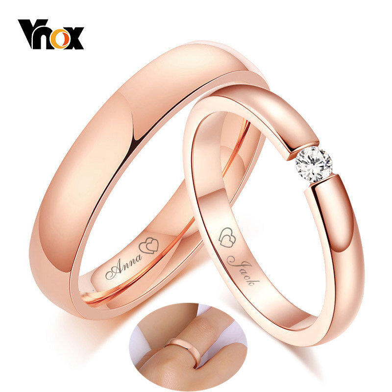 Vnox dla niej i dla niego bezpłatne niestandardowe grawerowanie nazwa rocznica ślubu data pierścienie dla kobiet Man 585 różowe złoto Tone miłość obietnica prezenty