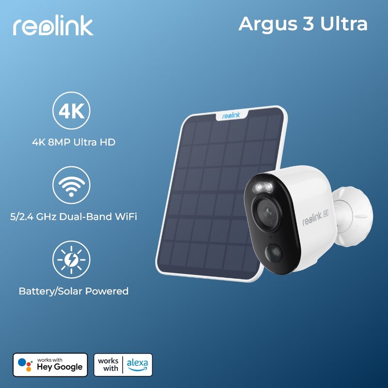 Cámara de seguridad inalámbrica reolink 4K con batería Solar, visión nocturna en Color de 5MP, WiFi de 2,4/5Ghz, cámara IP para exteriores Argus 3 Ultra