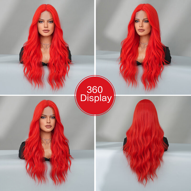 7JHH-Peluca de cabello sintético con malla Frontal para mujer, pelo largo ondulado al agua, parte media, rojo, alta densidad, esponjoso, HD