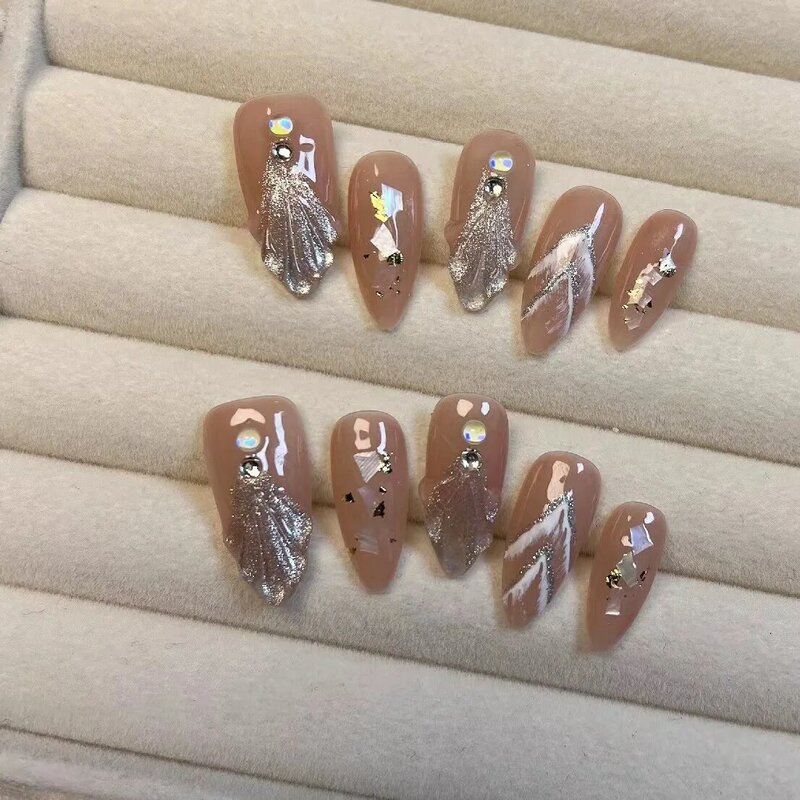 10Pcs Almond Cat Eye Mermaid Press on Nails Cute Fish Tail Shell Design unghie finte French staccabile Full Cover Nail Tips