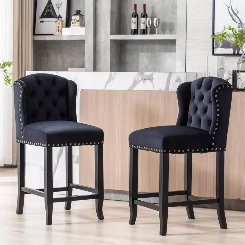 Bar Stools Set of 2, 26" Counter Height with Back, Velvet and Modern Tufted Barstools Kitchen Island with Wood Legs, Bars Chair