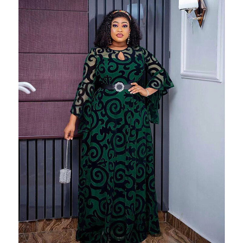 Black Green Polyester African clothes for Women Summer African 3/4 Sleeve O-neck Long Dress Dashiki evening dresses Women 2024