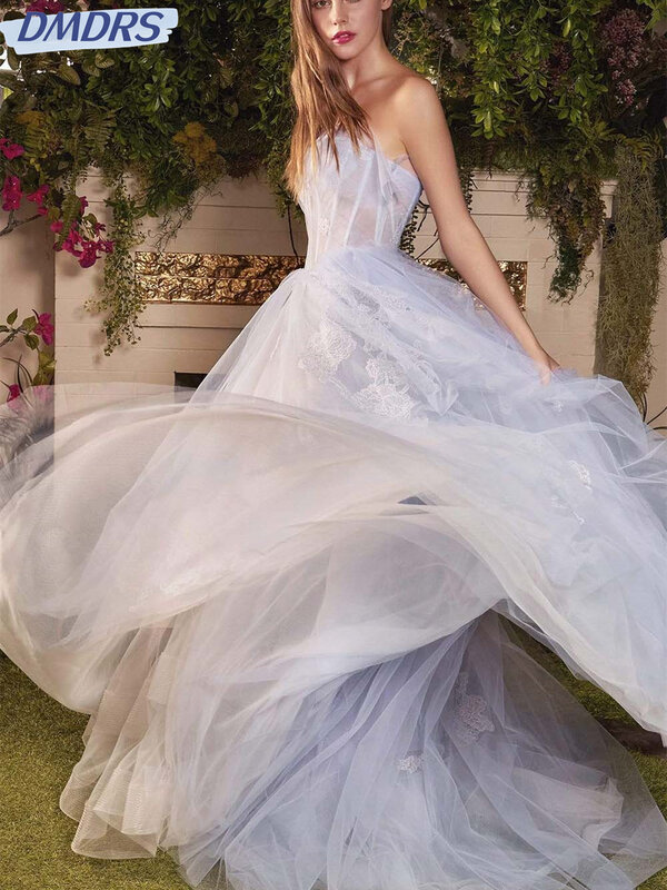 Gaun Prom A-Line Tulle elegan 2024 gaun malam tanpa lengan sederhana gaun panjang lantai tanpa tali menawan Vestidos De Novia