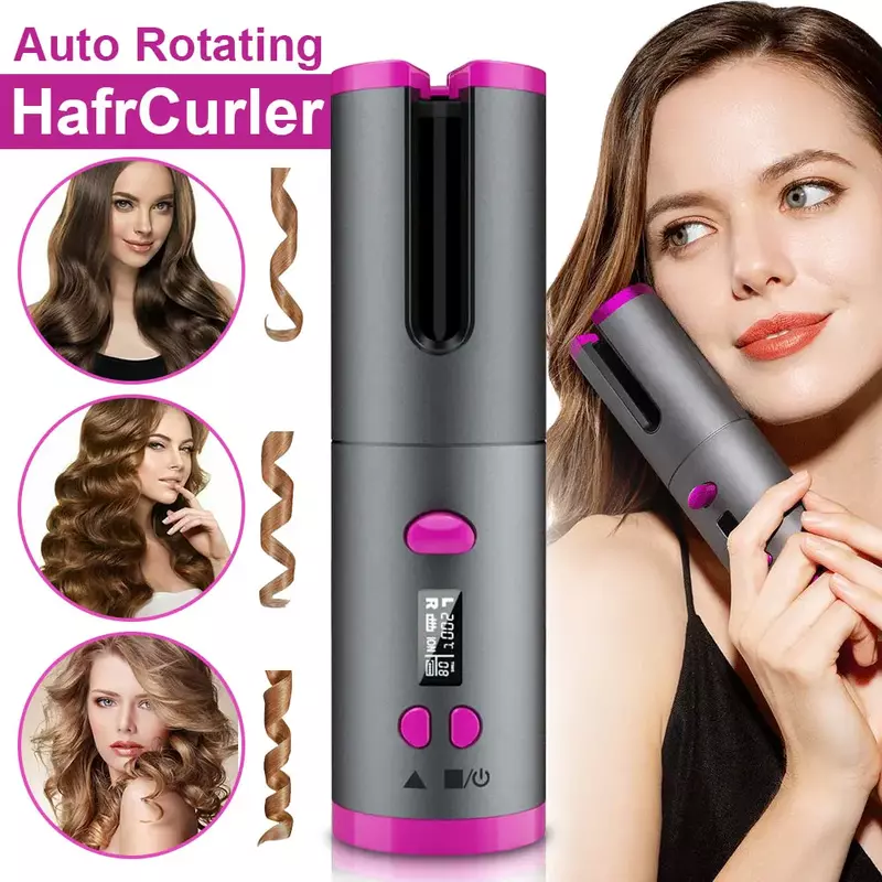 Sem fio automática Hair Curler Set, girando o cabelo Curling Iron, Display LED, temperatura ajustável, Styling Tools, Wave Styler