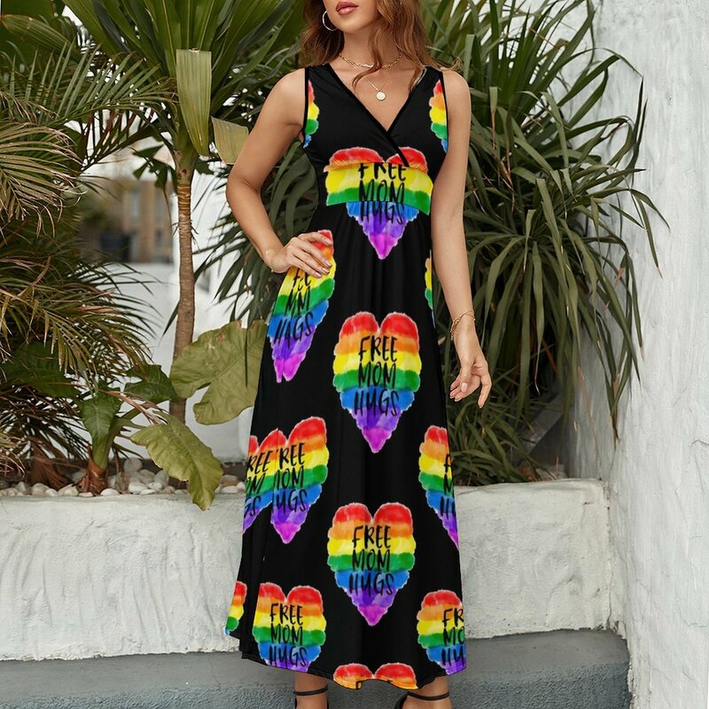 Free mom umarmt regenbogen herz lgbt unterstützt ärmelloses kleid damen kleider für frauen 2023 kleider für frau elegantes kleid