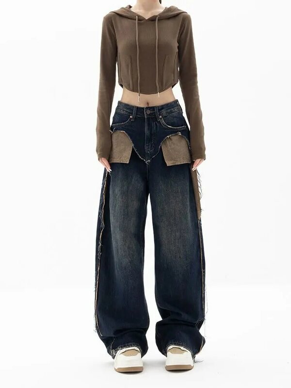 New pants children's autumn and winter retro style fashion sense niche contrast stitching high waist wide leg jeans 2023