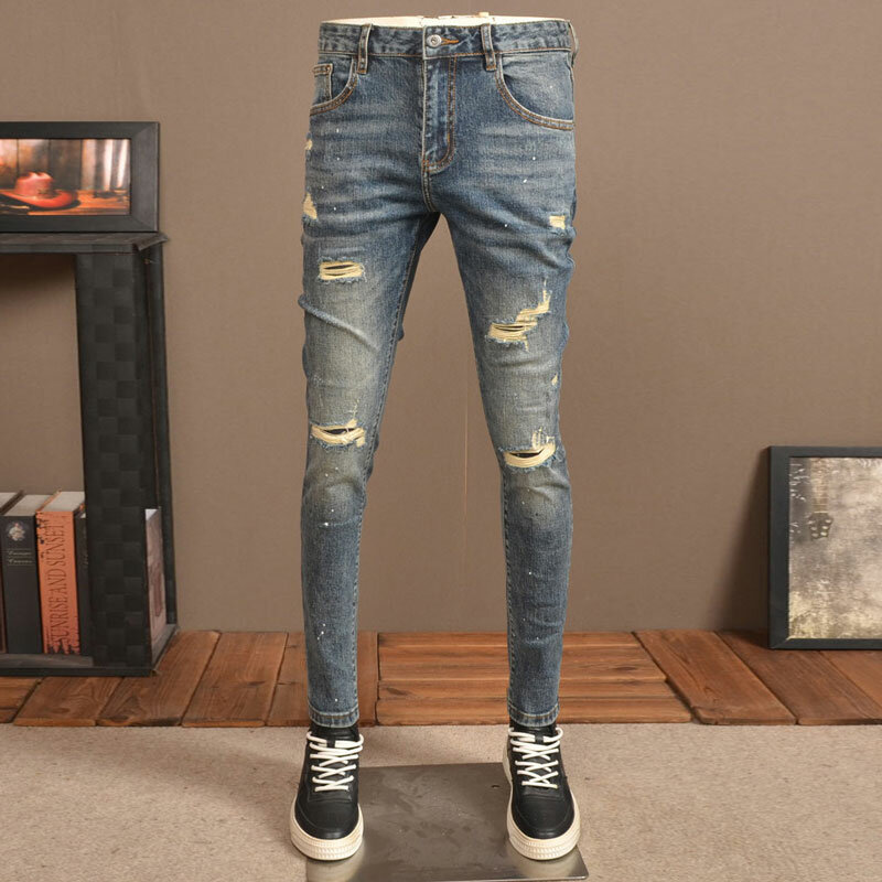 Mode Streetwear Männer Jeans Retro blau elastisch Skinny Fit zerrissene Jeans Männer Loch Hose gepatchte Designer Vintage Jeans hose
