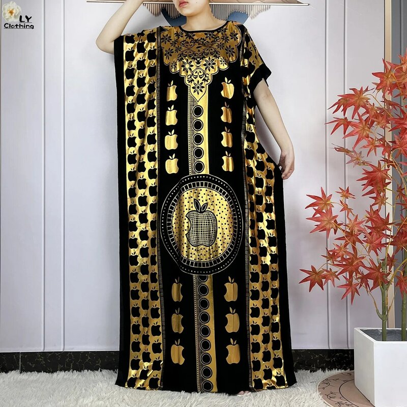 女性のための大きな綿のマキシドレス,半袖,大きなスカーフ,金色の花柄,アフリカのアバヤの服,新しい夏のコレクション