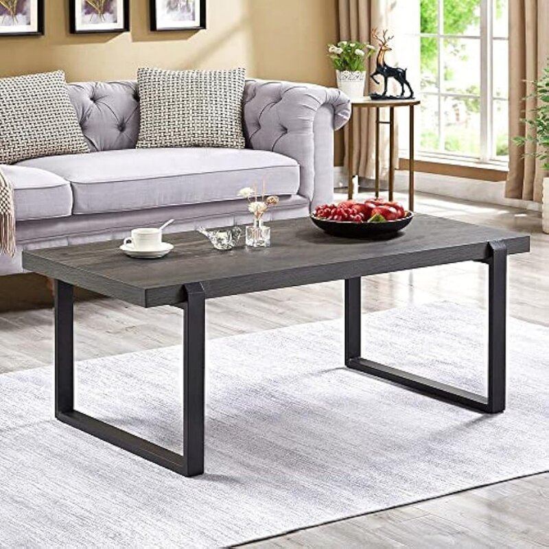 ExceFur-素朴な木と金属のセンターコーヒーテーブル、リビングルーム用のモダンなカクテルテーブル、グレー