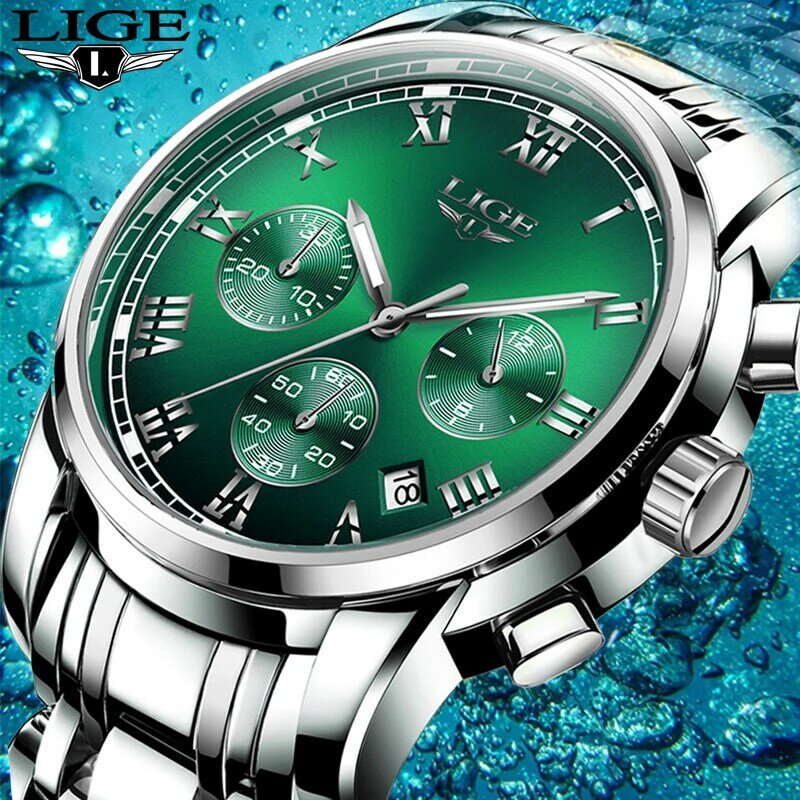 LIGE-Relógios masculinos de quartzo, marca de topo, negócios, luminoso, impermeável, relógio, aço inoxidável, relógios de pulso para homens