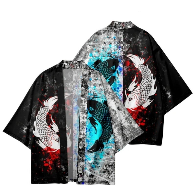 Camisas de cárdigan samurái para hombres y mujeres, Kimono de moda, ropa de calle tradicional asiática, estampado de carpa, Haori, playa, Yukata