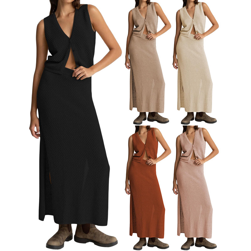 Dames 2 Stuk Gebreide Outfits Wafel V-Hals Knoop Tanktops En Elastische Split Rok Set Voor Streetwear