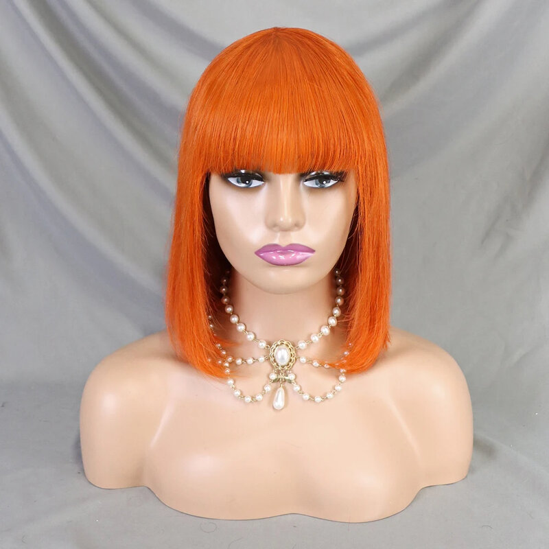 Ginger Orange Straight Full Machin Made Wigs with Bangs Short Bob Human Hair Wig for Back Women PrePlucked Brazilian Remy Hair