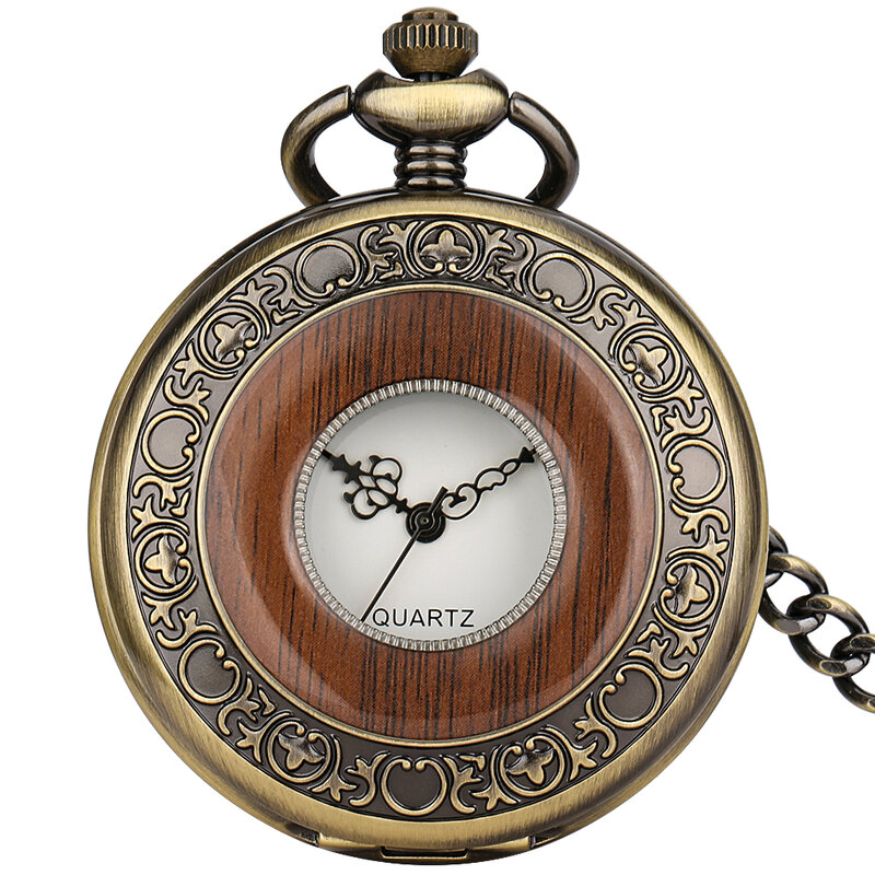 Reloj de bolsillo de cuarzo para hombre, accesorio masculino con diseño de flor de madera roja y Círculo hueco de bronce elegante, con cadena de bolsillo Retro, regalos elegantes antiguos