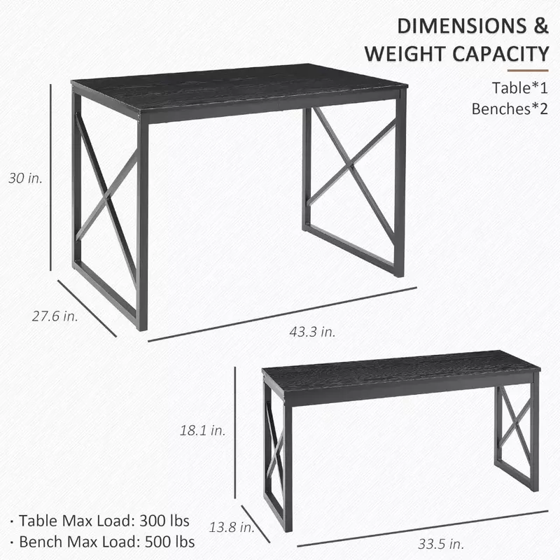 Table de cuisine avec 2 bancs pour 4, ensembles de salle à manger en bois avec cadre en métal pour coin petit déjeuner et petit espace, noir, 43.3