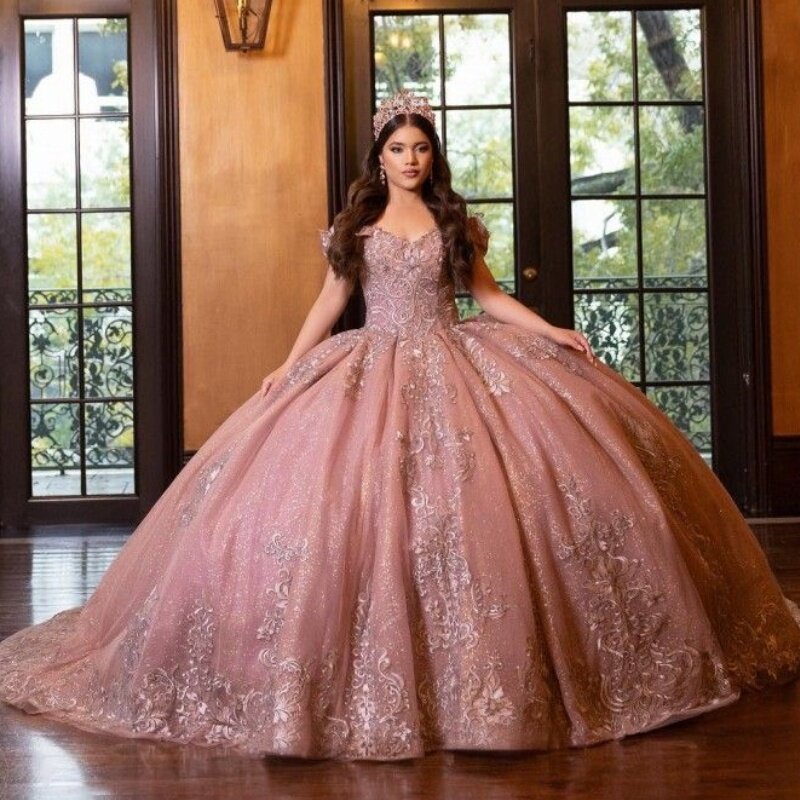 EVLAST różowa sukienka na Quinceanera suknia balowa srebrna koronkowa aplikacja z perełkami meksykański gorset słodki 16 Vestidos De XV 15 Anos SQ11