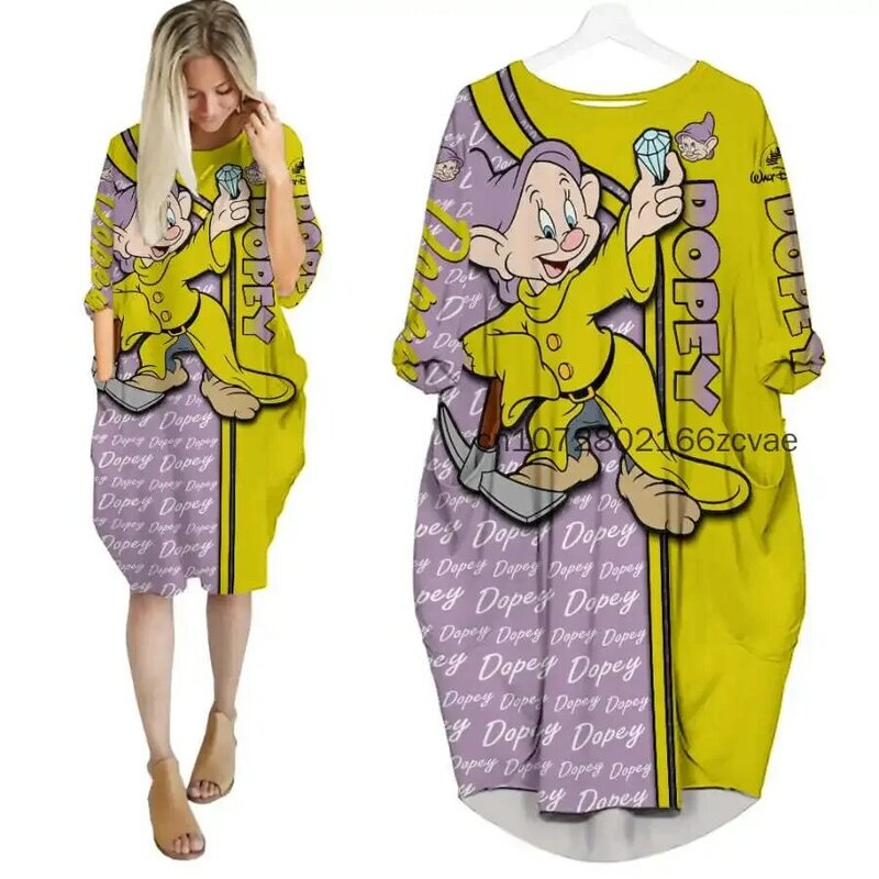 New Disney Dopey Women's Batwing Pocket Dress 3D Printed Disney Stitch Oversize Fashion Street Dress Long Sleeve Sleeping Dress