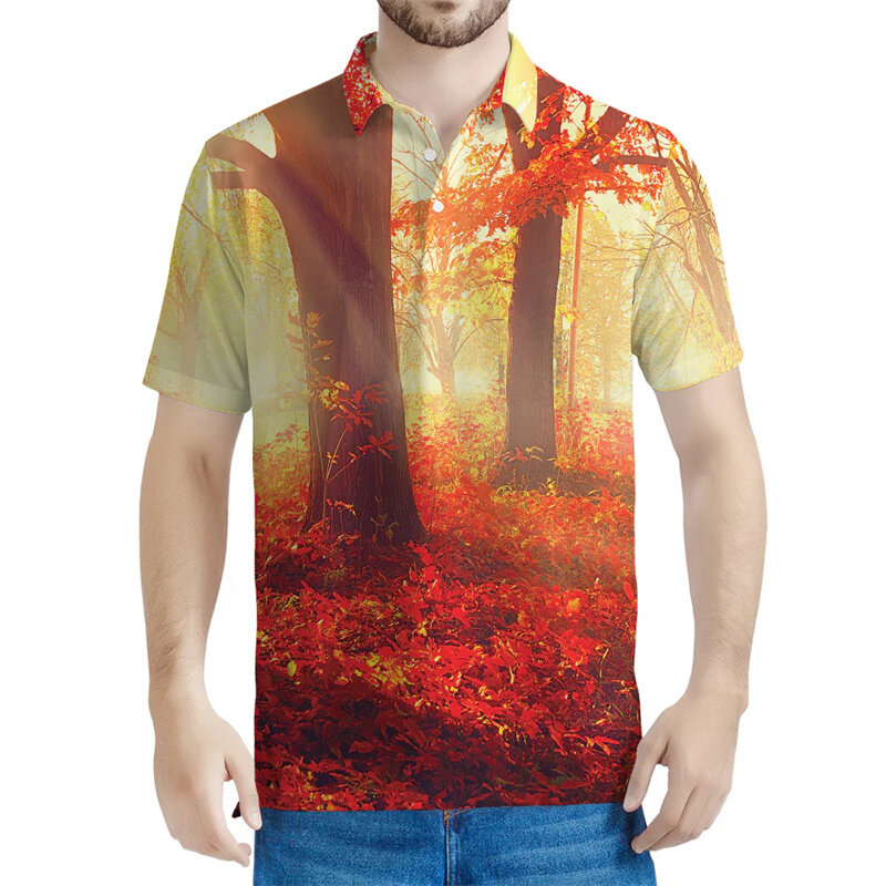 เสื้อโปโลพิมพ์ลาย3D ป่าฤดูใบไม้ร่วงสำหรับผู้ชาย, เสื้อยืดสตรีทคอปกเสื้อแขนสั้นฤดูร้อนทรงหลวมกระดุมเสื้อ