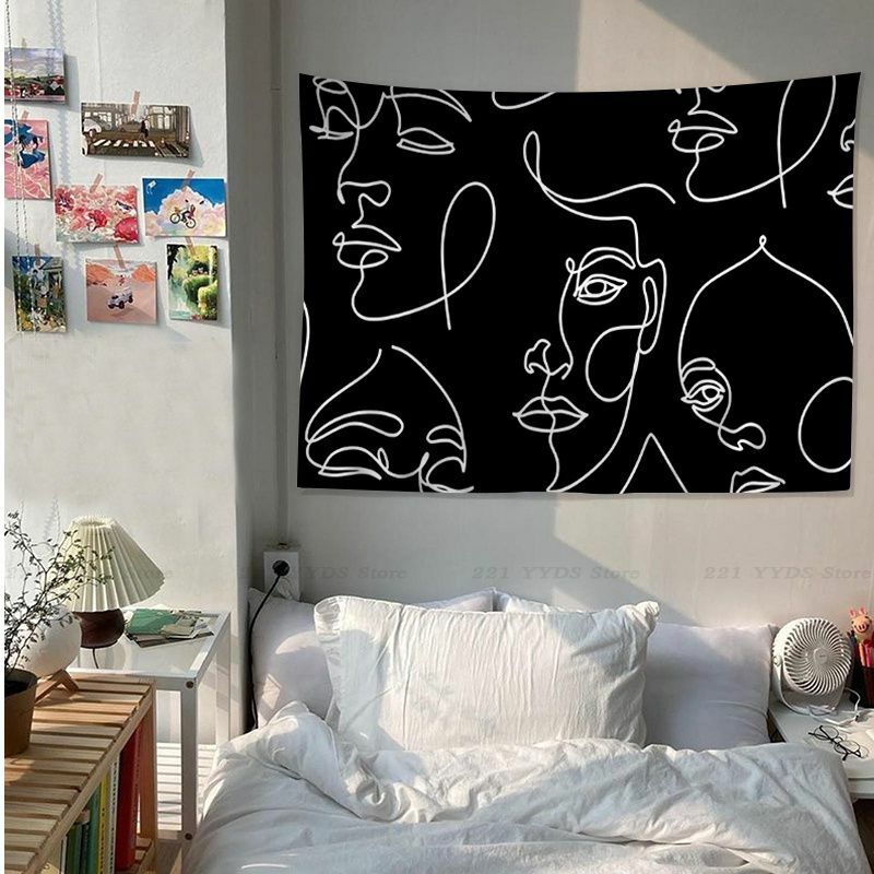 Abstracte Zwarte Lijn Vrouwen Gezicht Anime Wandtapijt Woondecoratie Hippie Bohemian Decoratie Waarzeggerij Ins Home Decor