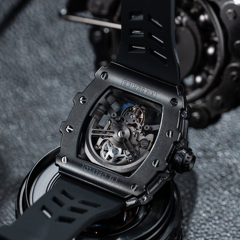 OBLVLO-ساعة ميكانيكية مع PVD سوداء ، هيكل عظمي تونيو من الفولاذ المقاوم للصدأ ، شريط مطاطي ، ساعة أوتوماتيكية ، تصميم إصبع جديد ،