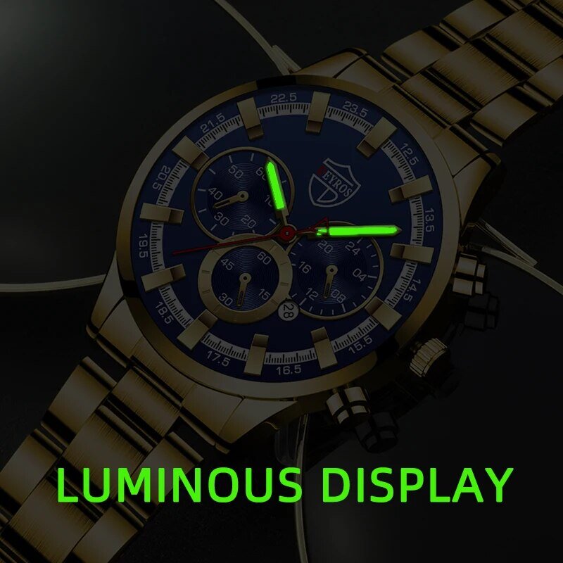 Relógio de pulso quartzo de aço inoxidável masculino, Relógios de negócios, Calendário, Data, Casual, Esportes, Relógio luminoso, Moda Masculina