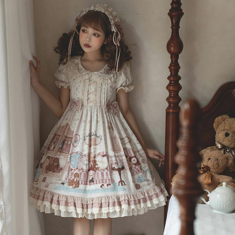 Vestido de princesa Lolita con volantes, camisola femenina de manga corta con lazo