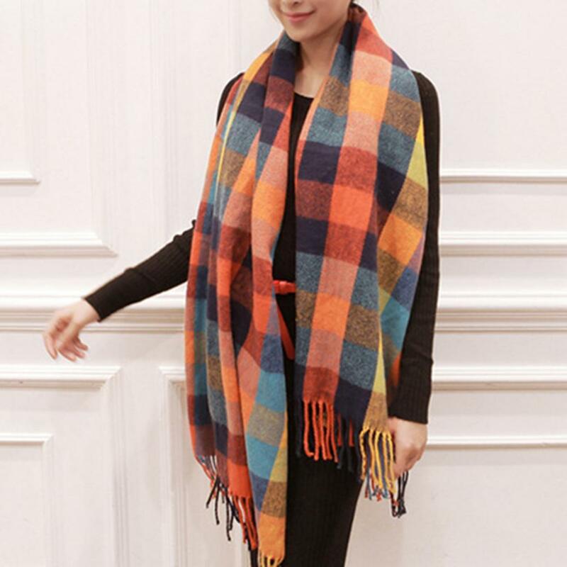 Warm Scarf Elegant Winter Shawl Colorful Plaid Print Scarf with Tassel Trim Thick Imitation Cashmere Warm Fashion Accessory