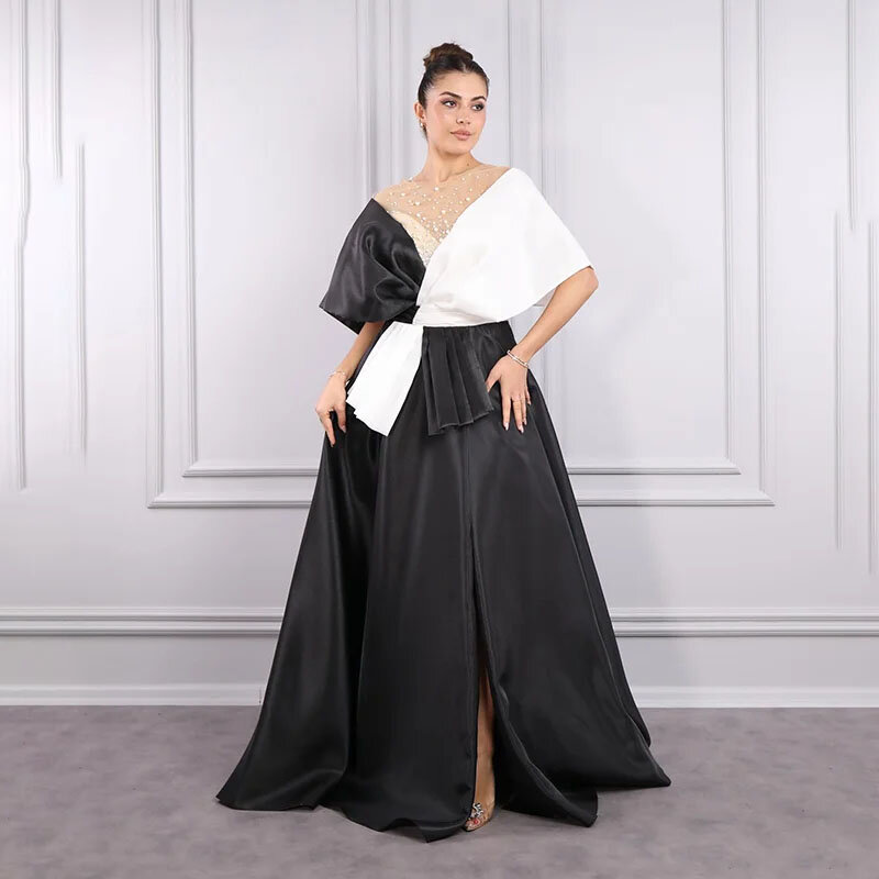Elegancka czarno-biała kontrastowa koralikowa długość podłogi wieczorowa suknia balowa linii formalna okazja sukienka saudyjsko-arabska suknie na bal maturalny