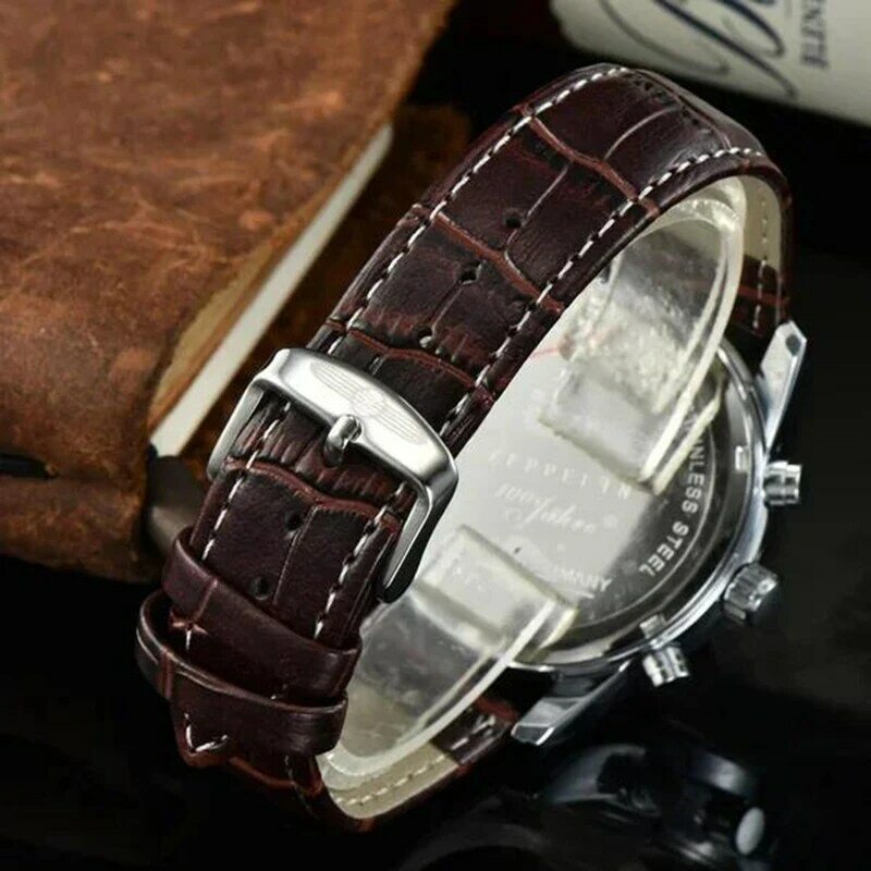 Роскошные мужские часы Zeppelin series модные многофункциональные кварцевые часы с тремя отверстиями и хронографом из натуральной кожи Zeppelin