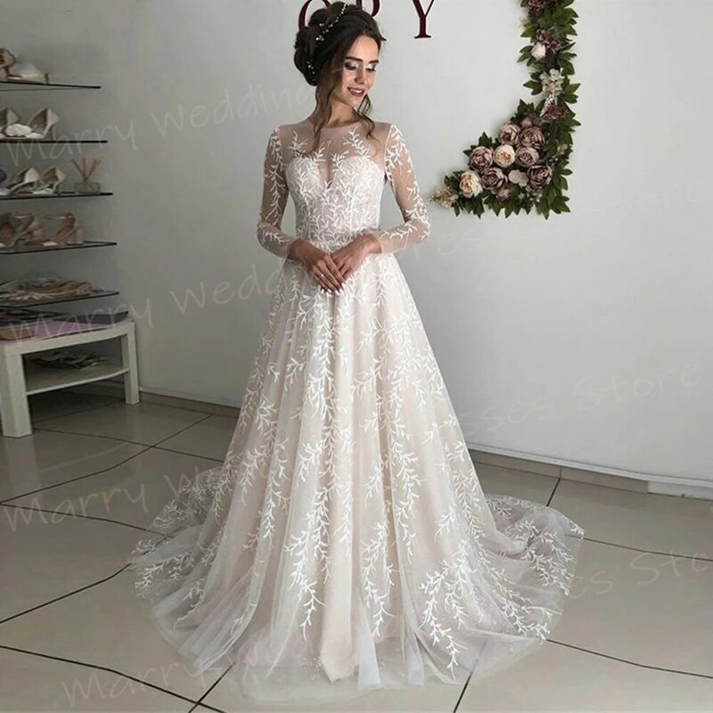 Gaun pernikahan wanita leher O anggun klasik gaun pengantin applique cantik gaun pengantin renda jubah ilusi Lengan Panjang De marifee
